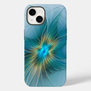 Coque Pour iPhone 14 Petite Beauté Moderne Fleur d'Art Fractal Bleu Or