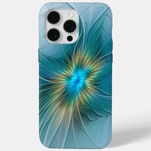Coque iPhone 15 Pro Max Petite Beauté Moderne Fleur d'Art Fractal Bleu Or