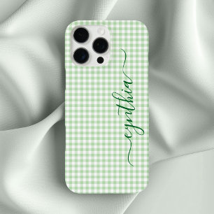 Coques iPhone 16 Pro Max Petite signature gingham vert pâle