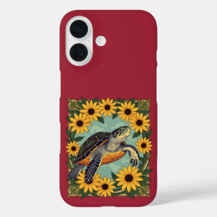 Coques iPhone 16 Petite Tortue Et Fleurs Faisées Noires