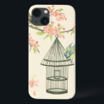 Coques Pour iPhone Petits oiseaux perchés sur une branche et sur une<br><div class="desc">Nancy Slocum's a peint de nombreux oiseaux au cours des années. Cette image représente deux petits oiseaux bleus et jaunes perchés sur une branche entourés de fleurs roses et qui ont l'air curieux d'une cage d'oiseaux. Obtenez cette oeuvre d'art ornithologique cool sur votre produit Zazzle dès aujourd'hui.</div>