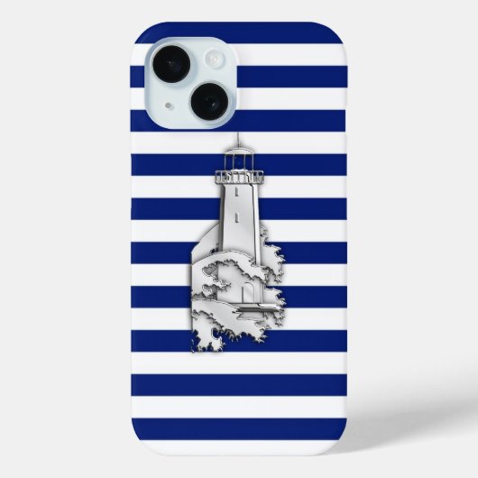 Coques Case-Mate iPhone Phare Silver Style sur Blue Nautical Stripes (Verso)