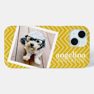 Coque Pour iPhone 15 Photo avec Gold Chevron Motif et Nom personnalisé