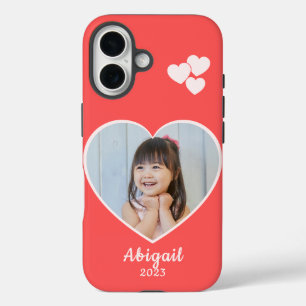Coques iPhone 16 Photo Coeur et nom en blanc sur Coral Red