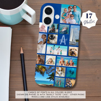 Coques iPhone 16 Photo Collage Monogramme Nom 17 Photos Bleu