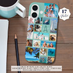 Coques iPhone 16 Photo Collage Monogramme Nom 17 Photos Menthe Vert<br><div class="desc">Portez 17 de vos photos préférées sur ce boîtier de téléphone portable couleur arrière - plan personnalisé avec un collage photo de différentes formes et tailles et personnalisées avec votre monogramme et nom dans une police de script moderne sur le premier (montré dans les tons vert menthe, turquoise et turquoise)....</div>