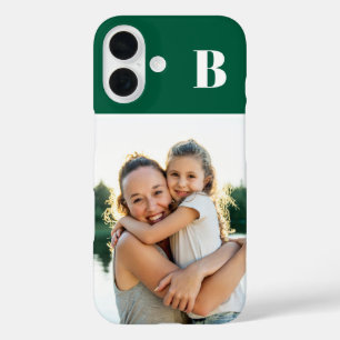 Coques iPhone 16 Photo de famille monogrammée vert chasseur