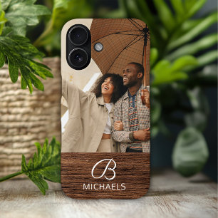 Coques iPhone 16 Photo de monogramme sur bois personnalisé avec nom