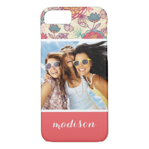 Coque iPhone 7 Photo et nom personnalisés Peony et motif feuille