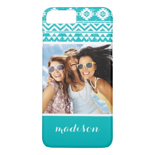 Coques Case-Mate iPhone Photo et nom personnalisés Turquoise Aztec Motif t (Dos)