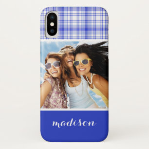 Coques Pour iPhone Photo personnalisée et nom Bleu blanc Plaid 2
