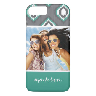 Coque iPhone 8 Plus/7 Plus Photo personnalisée et nom Motif Ikat rétro géomét