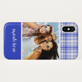 Coques Case-Mate iPhone Photo personnalisée Nom bleu blanc Plaid 2 (Dos (Horizontal))