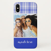 Photo personnalisée Nom bleu blanc Plaid 2