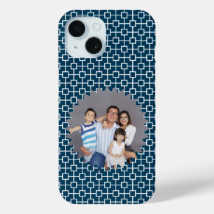 Coque Pour iPhone 15 Photo personnalisée sur fond géométrique bleu