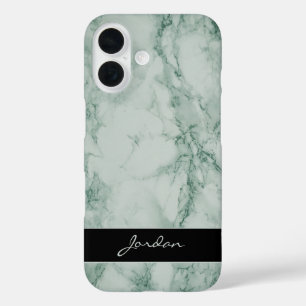 Coques iPhone 16 Pierre de marbre poli vert Sage avec nom