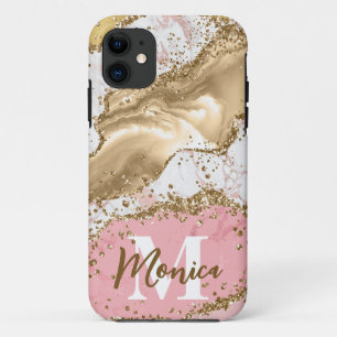 Case-Mate iPhone Case Pierre rose et blanche et agate dorée avec monogra