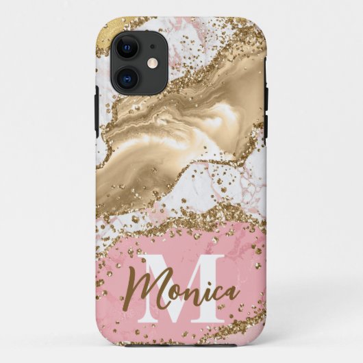 Coques Case-Mate iPhone Pierre rose et blanche et agate dorée avec monogra (Dos)