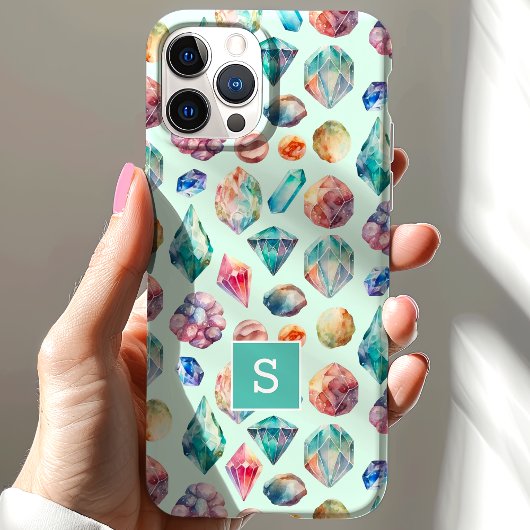 Coques Case-Mate iPhone Pierres et cristaux d'aquarelle Monogramme Motif