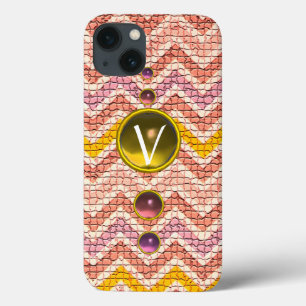 iPhone 13 COQUE PIERRES PINK JAUNE ET CHEVRONS MOSAÏQUES MONOGRAMM