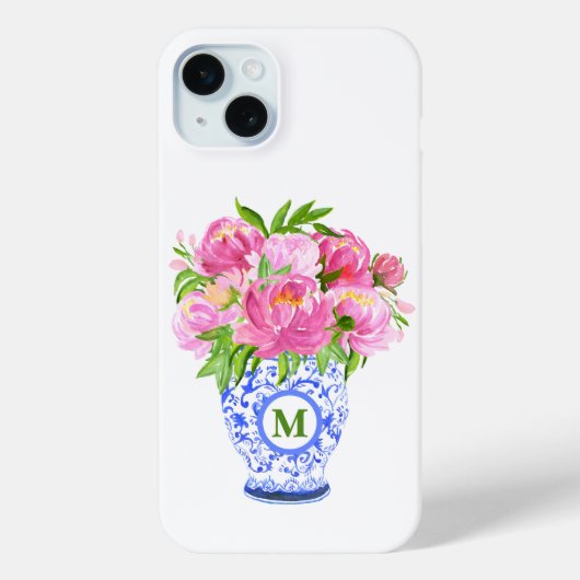 Coques Case-Mate iPhone Pies roses Chinoiserie Vase Green Monogramme (Verso)