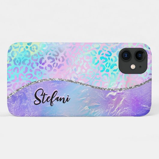 Coques Case-Mate iPhone Pile Iridescente Arc-en-ciel Leopard rose (Dos (Horizontal))