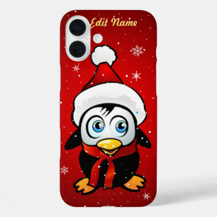 Coques iPhone 16 Plus Pingouin drôle avec le casquette de Noël