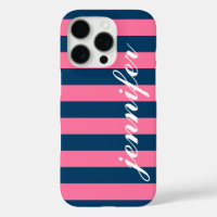 Pink and Navy Stripes Custom Script Monogramme Nom