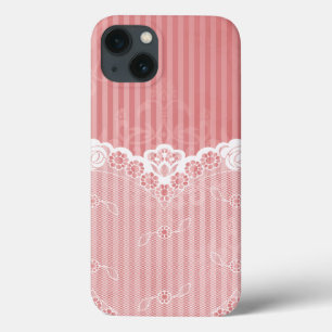 Etui iPhone 13 Pink and white background with black lace