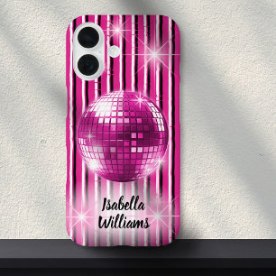 Coques iPhone 16 Pink Black White Stripe Disco Ball Nom de l'étince