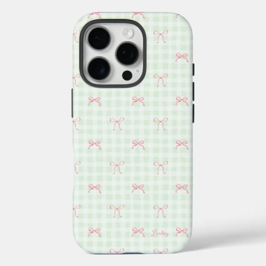 Coques Case-Mate iPhone Pink Bow Green En vichy Nom personnalisé (Verso)