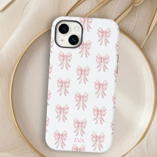 Coque Pour iPhone 14 Plus Pink Bow Preppy Coquette Motif Monogramme Initiale