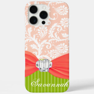 Coques iPhone 16 Pro Max Pink Faux Rhinstone Personnalisé Damask iPhone