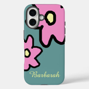 Coques iPhone 16 pink flowers with custom name