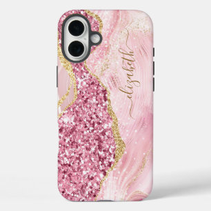 Coques iPhone 16 Plus Pink Gold Agate Marbre Nom Script