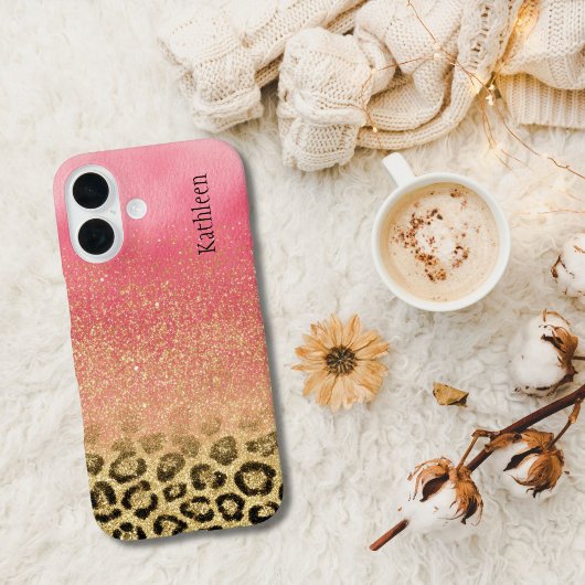 Coques Case-Mate iPhone Pink Gold Glitter Leopard Print Monogrammed Name