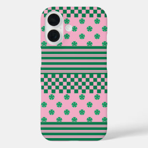 Coques iPhone 16 Pink Green Boho Check Floral Stripes Motif