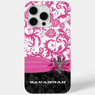 Coque iPhone 15 Pro Max Pink Personnalisé Faux Fleur de lis Damask iPhone