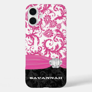 Coques iPhone 16 Plus Pink Personnalisé Faux Rhinestone Damask iPhone