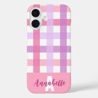 Coques iPhone 16 Pink Purple Pastel En vichy Motif Monogramme