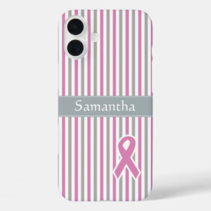 Coques iPhone 16 Plus Pink & Silver Stripes personnalisé monogramme coqu