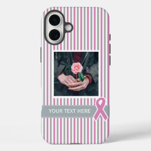 iPhone 16 Plus Case Pink & Silver Stripes photo et texte personnalisés
