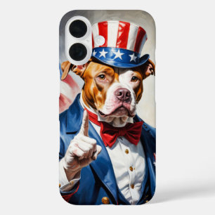 Coques iPhone 16 Pitbull patriotique en pose d'Oncle Sam