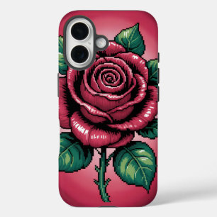Coques iPhone 16 Pixel Rose – Art Floral Rétro