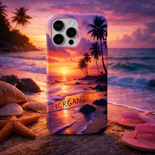 Coque iPhone 15 Pro Max Plage de coucher de soleil tropicale customisée - 