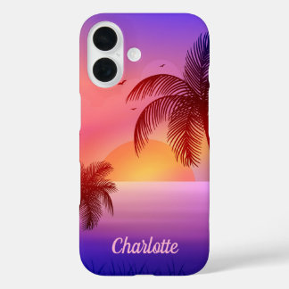 Coques iPhone 16 Plage tropicale violette au coucher du soleil