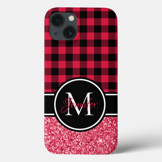 Coques Case-Mate iPhone Plaid Buffalo Paillettes Noir et Rouge Monogramme (Verso)