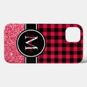 Coques Case-Mate iPhone Plaid Buffalo Paillettes Noir et Rouge Monogramme (Verso (horizontal))