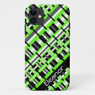 Coques Pour iPhone Plaid en Lime Green, Black & Grey Personnalisé