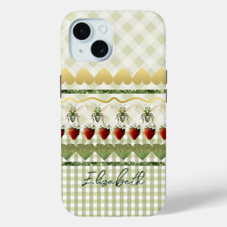 Coque Pour iPhone 15 Plaid et carreaux verts tendance abeilles cœurs mo